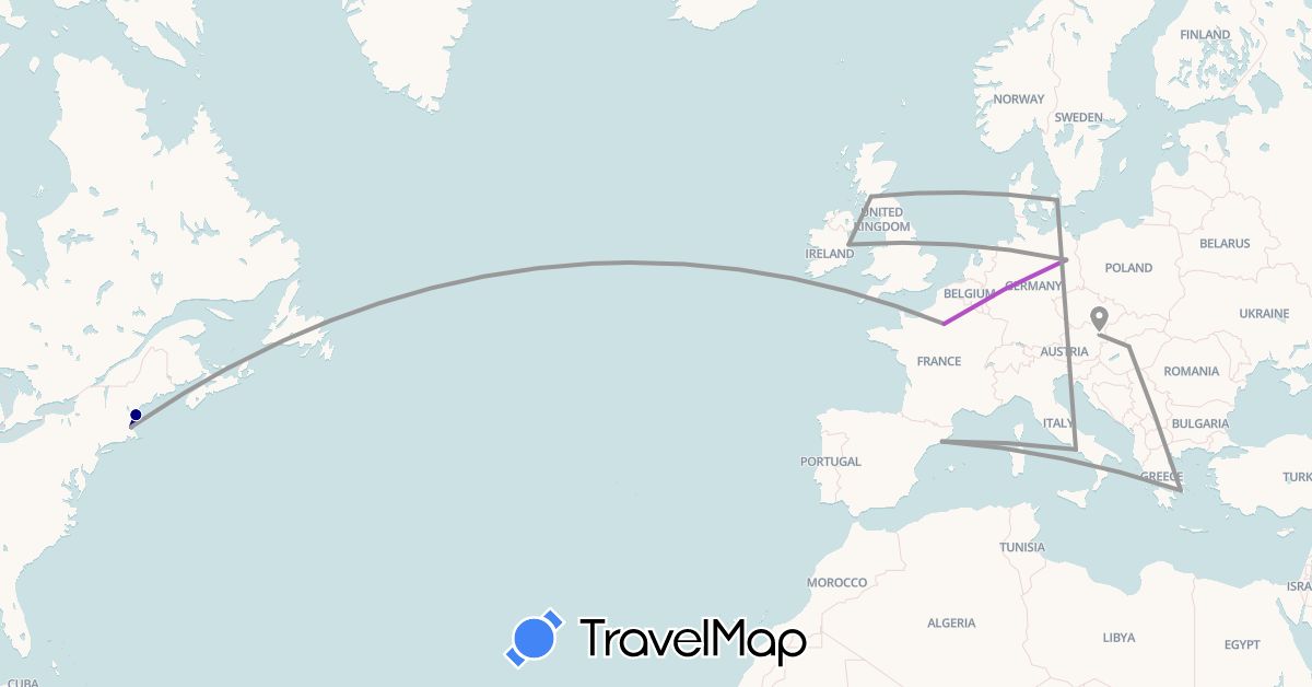 TravelMap itinerary: driving, plane, train in Austria, Germany, Denmark, Spain, France, United Kingdom, Greece, Hungary, Ireland, Italy, United States (Europe, North America)