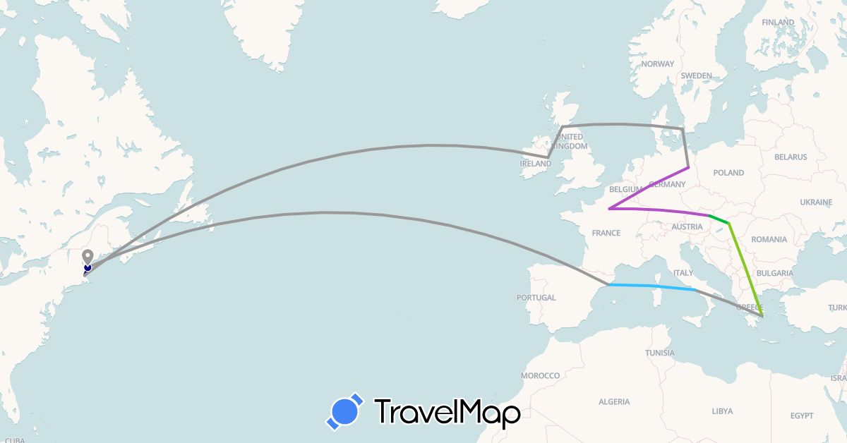 TravelMap itinerary: driving, bus, plane, train, boat, electric vehicle in Austria, Germany, Denmark, Spain, France, United Kingdom, Greece, Hungary, Ireland, Italy, United States (Europe, North America)